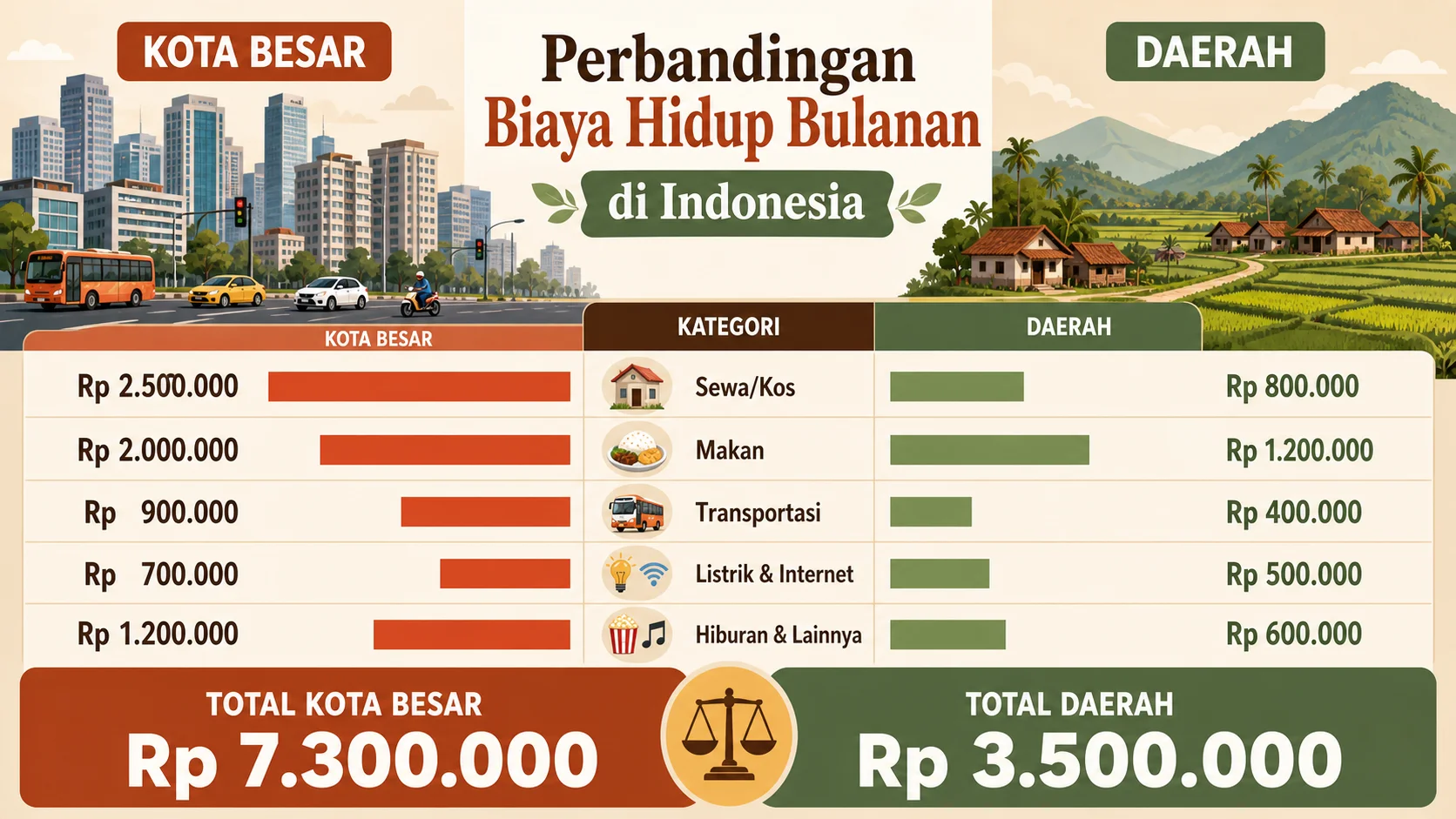 Ilustrasi biaya hidup kota vs daerah